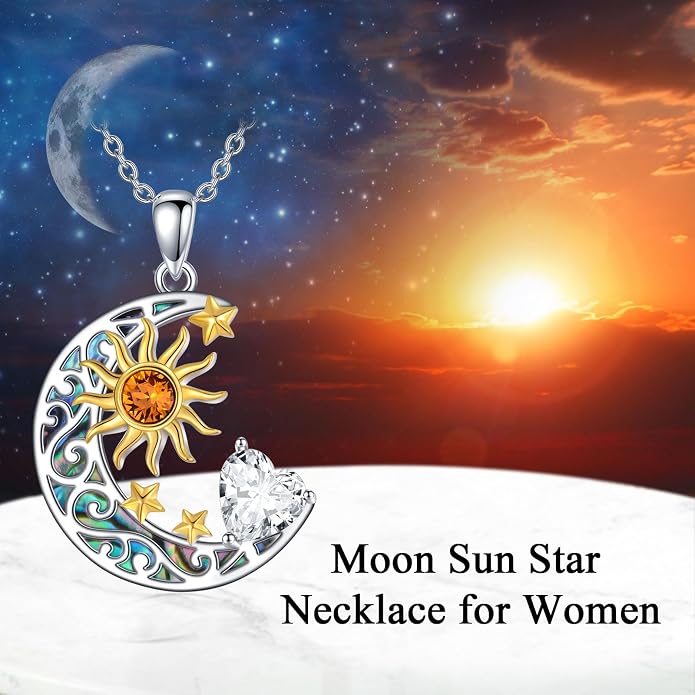 AOBOCO 925 Sterling Silver Sun and Moon Star Pendant Necklace with Simulated Birthstone, Birthday Christmas Jewelry Gift for Women Teen Girls