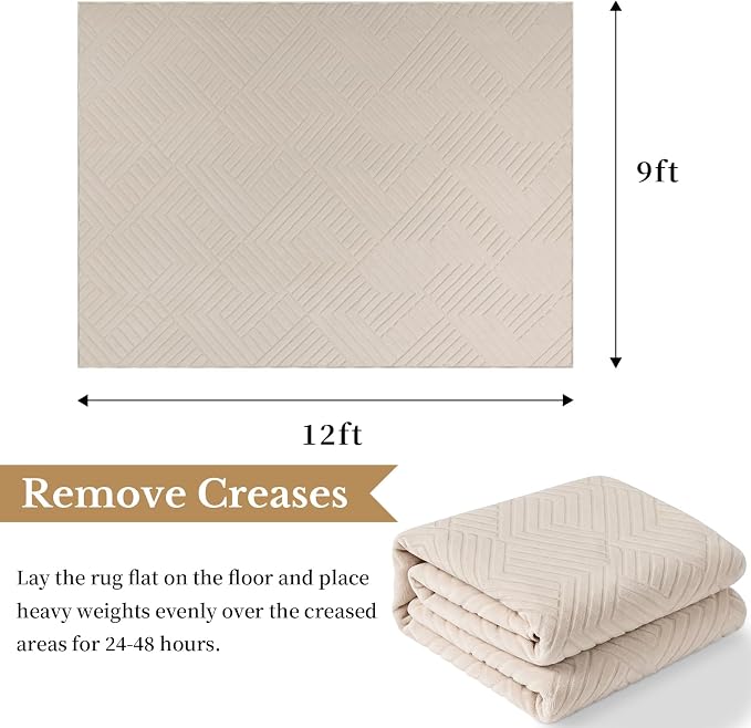 Bsmathom 9x12 Washable Area Rug, Boho Neutral Modern Soft Carpet Mat, Beige | Machine Washable, Low Pile Fluffy Plush, Non-slip, Geometric Textured, For Living Dining Kids Room Bedroom Indoor Dorm