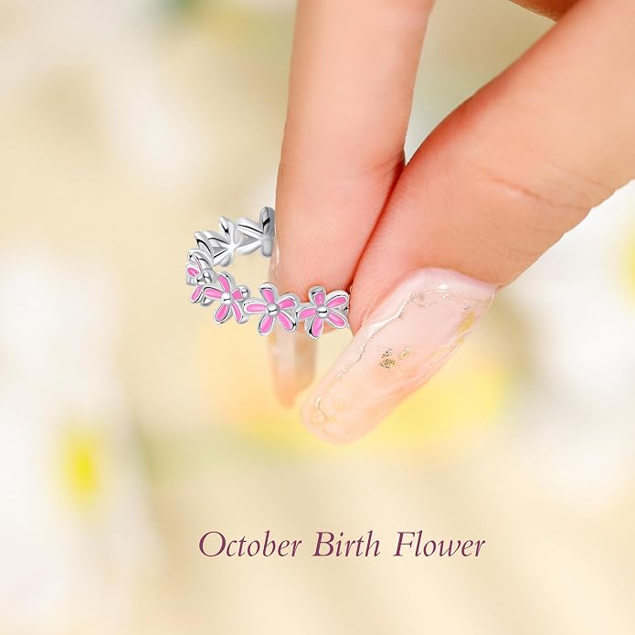 S925 Sterling Silver Dainty Daisy Flower Rings for Women, I Think Of You Every Daisy, 12 Month Birth Flower Ring