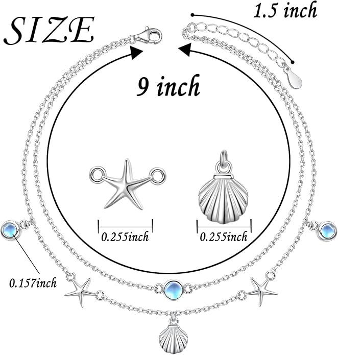 Ladytree S925 Sterling Silver Boho Beach Double Layer Anklets Bracelet for Women Adjustable 9 to 11 inches