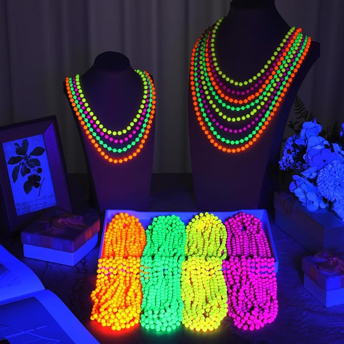Ecally 48 Pieces Neon Beads Necklaces 33" Glow in The Dark UV Neon Bead Necklaces Glow Party Supplies 80s UV Black Light Accessories Bulk for Birthday Decorations Wedding Mardi Gras Party