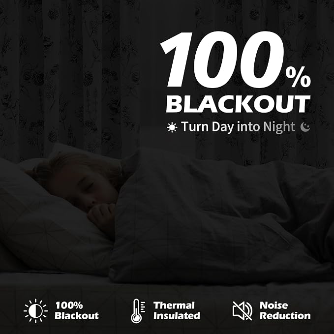 FMFUNCTEX 100% Blackout Black Lichi Curtains 63 Inch Back Tab 2 Panels | Black Out Drapes, Thermal Insulated Cottage Farmhouse, Lichi Flower Patterned Curtain for Bedroom, Living Room Darkening