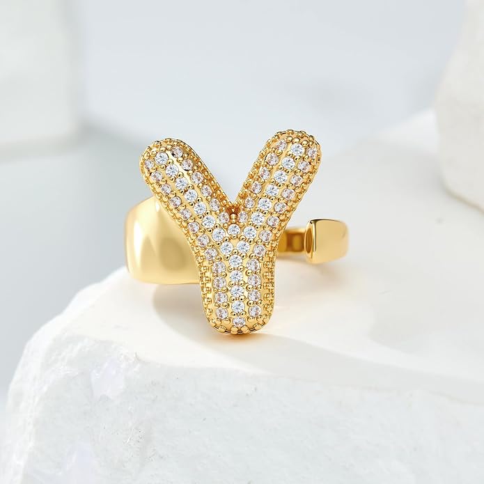 Cicy Bell Initial Rings for Women 14k Gold Plated Cubic Zirconia Delicate Letter Chunky Statement Open Rings Gifts for Her