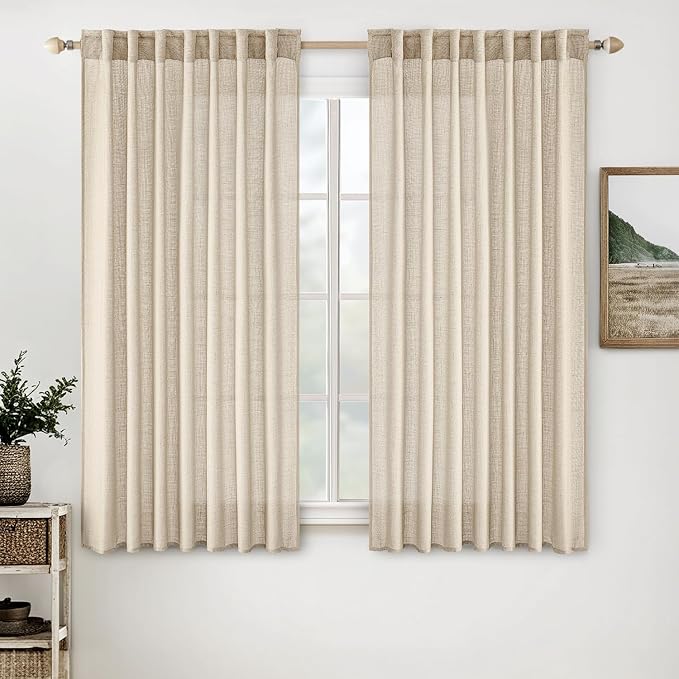 MIULEE Light Taupe Linen Curtains 63 Inch Length 2 Panels for Bedroom Living Room, Soft Linen Textured Window Drapes Semi Sheer Light Filtering Back Tab Rod Pocket Farmhouse Modern Burlap Look Decor