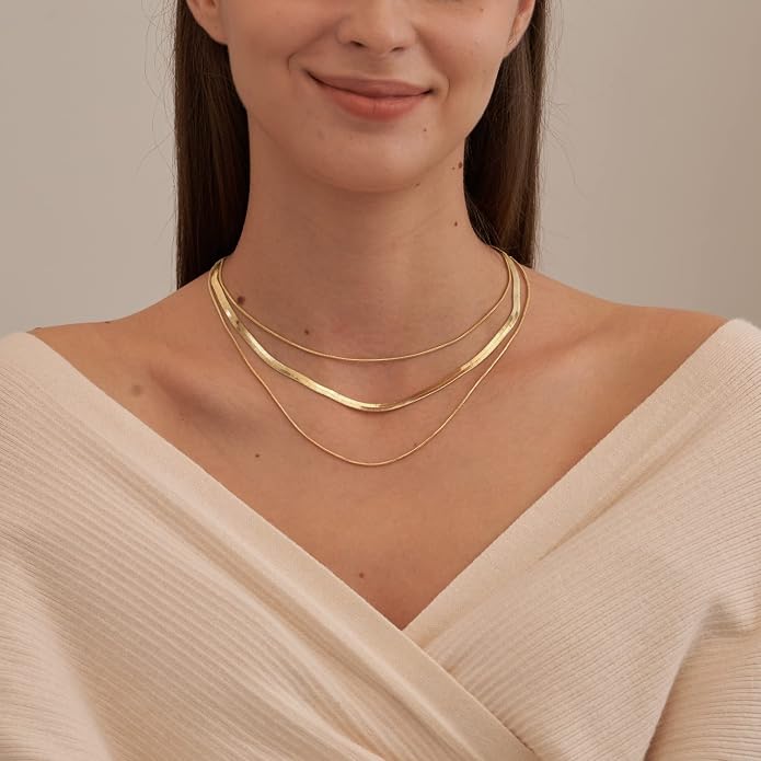 CHESKY 14K Gold/Silver Plated Snake Chain Necklace Herringbone Necklace Gold Choker Necklaces for Women Gifts Jewelry 1.5/3/5MM(W) 14"/16"(L) Mothers Day Gifts for Mom