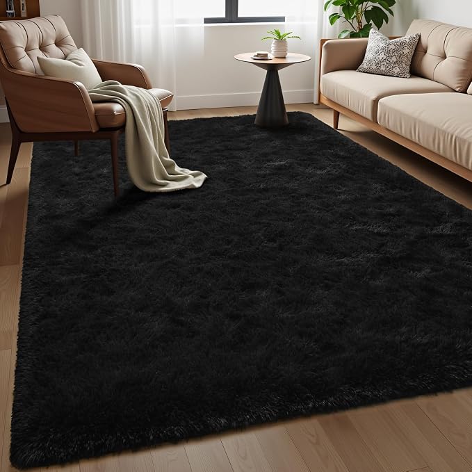 Fluffy Area Rugs for Bedroom Decor Aesthetic, 8x10 Large Black Shag Rug with Non-Slip Backing for Living Room, Fuzzy Plush Carpet Washable Rug Modern Home Decor for Kids Nursery Boys Room