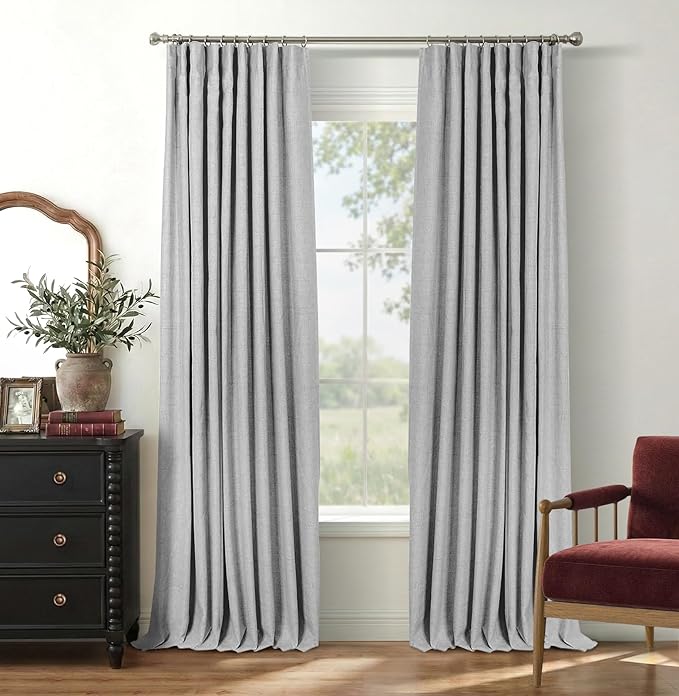 INOVADAY 100% Blackout Curtains for Bedroom, Grey Black Out Curtains 90 Inch Long, Clip Rings Linen Blackout Drapes, Thermal Insulated Room Darkening for Living Room, 2 Panels - W50xL90
