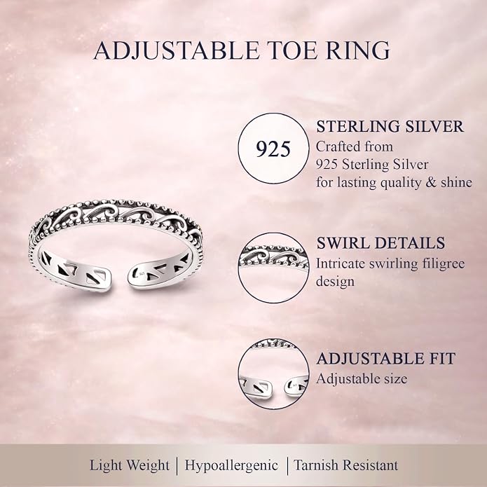 Charmsy 925 Sterling Silver Toe Rings for Women | Minimalist Open Adjustable Toe-Rings Band | Women's Cuff Toe Ring Summer Beach Foot Jewelry