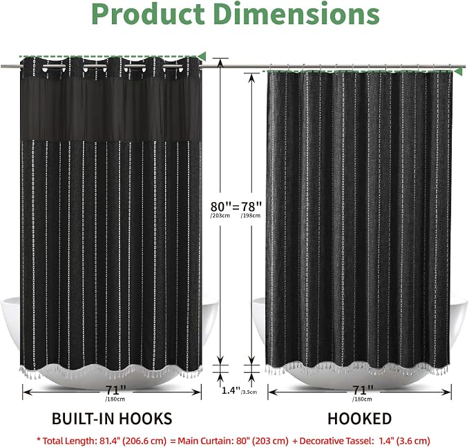 eachope No Hook Long Shower Curtain Set with Snap-in Fabric Liner,Linen Textured Thick Striped Fabric with Tassels,Boho Farmhouse Rustic Luxury Bathroom Curtain,Water-Repellent,Black,71x80