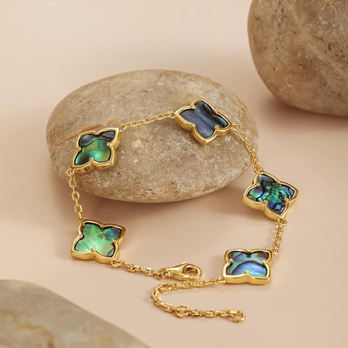 18K Gold Plated Abalone Shell Clover Bracelet, 8.6 Inch Chain with 2 Inch Extender, Adjustable Dainty Link Charm Bracelet