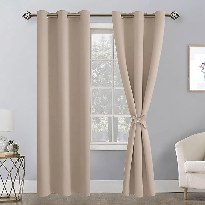Hiasan Blackout Curtains for Bedroom, 42 x 84 Inches Long - Thermal Insulated & Light Blocking Window Curtains for Living Room/Kids Room, 2 Drape Panels Sewn with Tiebacks, Camel
