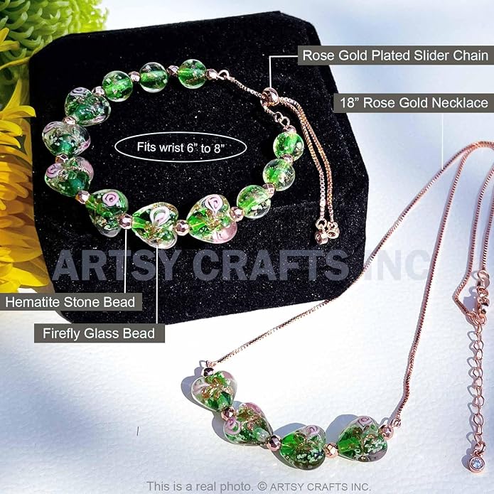 ARTSY Crafts Glow in the Dark Heart Shaped Glass Bead Bracelets & Necklaces, Handmade in USA