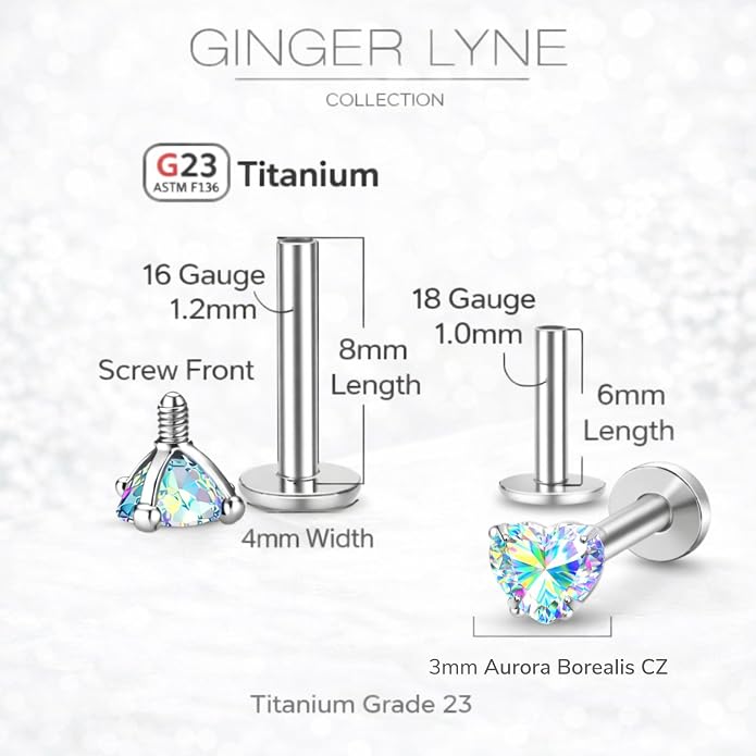 Titanium Heart CZ Labret Stud Earrings for Piercings by Ginger Lyne 6Pc Set G23 Screw Front Flat Back Body Jewelry 2 pair post 6mm, 8mm Cartilage, Helix, Tragus, Lip, Conch, Lobe