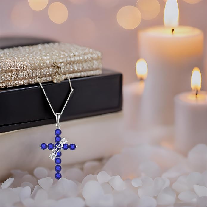 Rotated Crown Cross Necklaces for Women, 925 Sterling Silver Round Cut Zircon Neckalce Pendant With Ring Birthstones Jewelry for Her