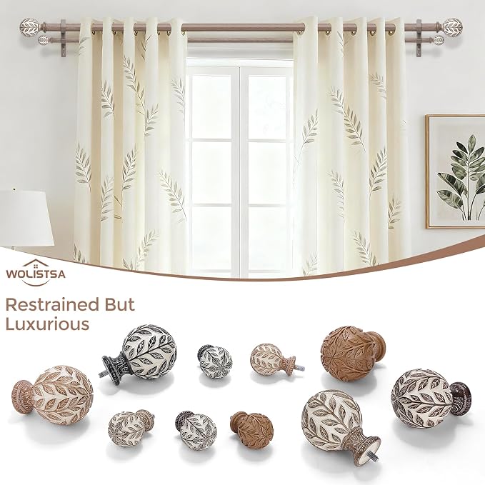 Boho Decorative Double Curtain Rod, 36-184 Inch, Weathered Wood | Handmade Wood Grain Leaf Finials, Heavy Duty Adjustable Exrta Long Rustic Metal Dual Rods, 40 lb Capacity, Easy to Install