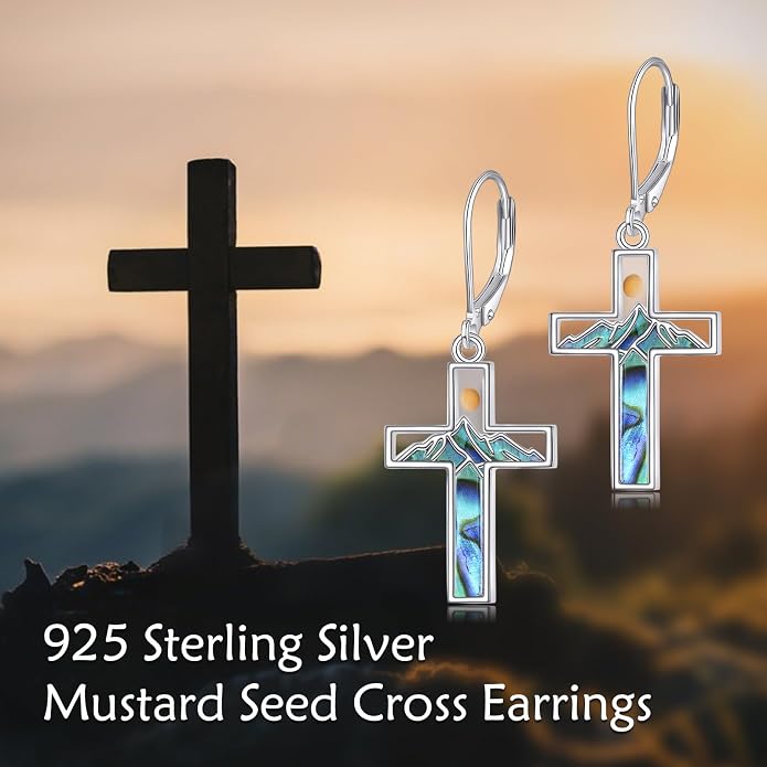 AOBOCO Mustard Seed Earrings for Women Sterling Silver Mountain Cross Earrings Dangle Christian Religion Jewelry Mothers Day Birthday for Mom Wife Friends