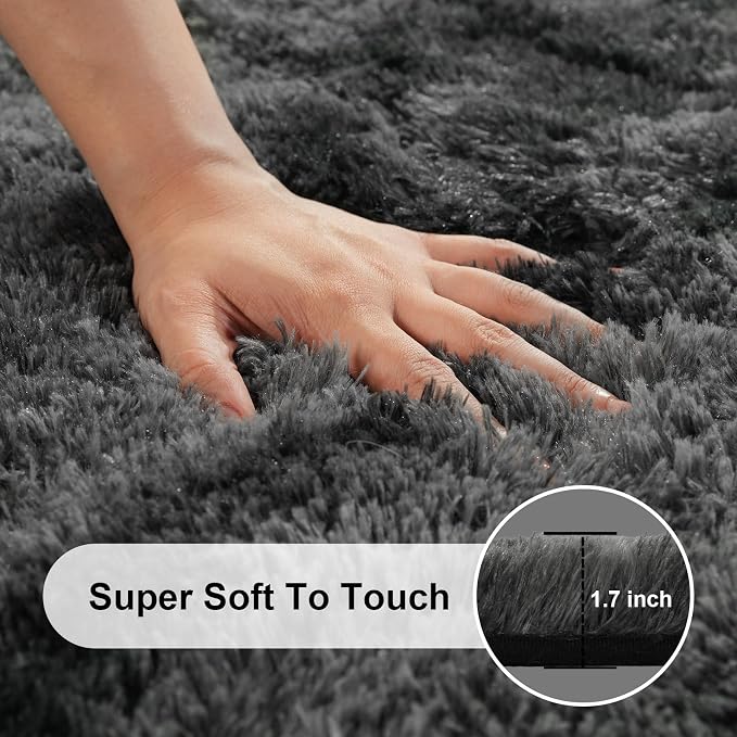 2x3 Rugs for Bedroom, Fluffy Area Rugs for Living Room, Small Fuzzy Shag Soft Carpet with 4 Non-Slip Adhesive Strips for Kids Boys and Girls Nursery Dorm Decor (2ft X 3ft, Tie-Dyed Black Grey)