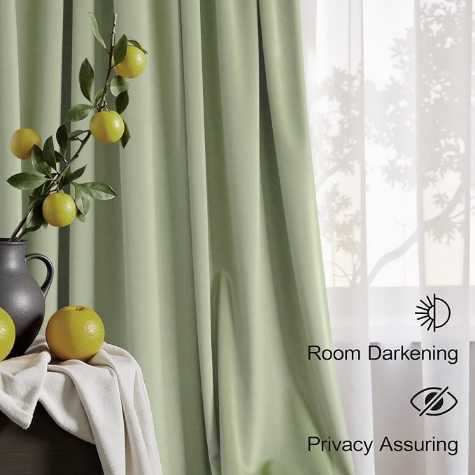 Light Sage Velvet Curtains 108 Inch Long 2 Panel Set for Patio Door Bedroom Darkening Soundproof Sage Green Boho Drapes Thermal Curtain for Winter Insulated Living Room Christmas Decorative 108 Length