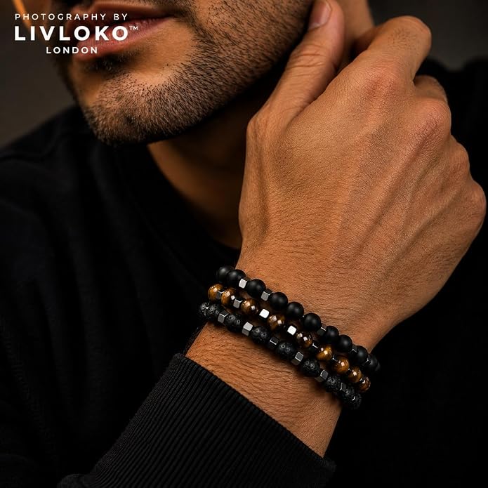 LONDON Mens Bracelet Leather Black Multi-Layer Stone Beads Adjustable Steel Clasp Viking Rope Bands Surfer Man Wristband Male UK Jewellery Gift box Boyfriend Dad Son Brother Tiger Eye