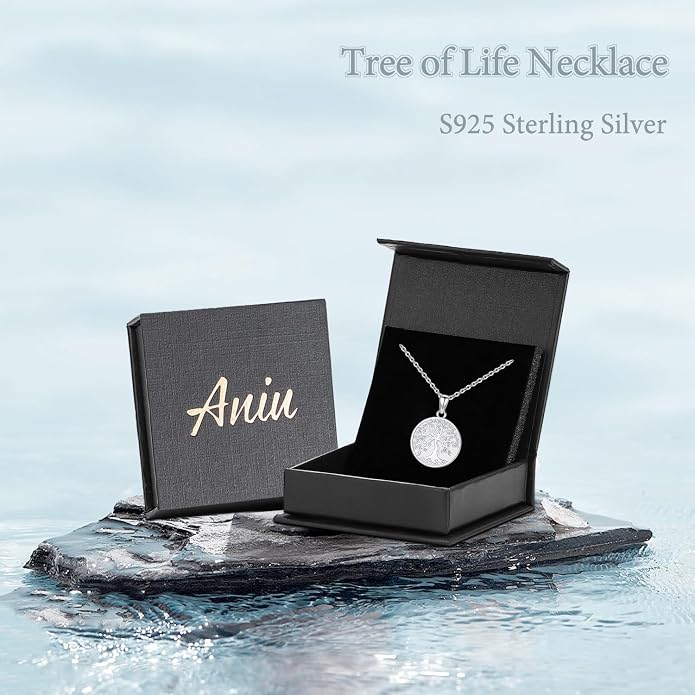 Aniu Tree of Life Necklace for Women, 925 Sterling Silver Mother of Pearl Family Palm Tree Charm Pendant Jewelry for Birthday Christmas Gift