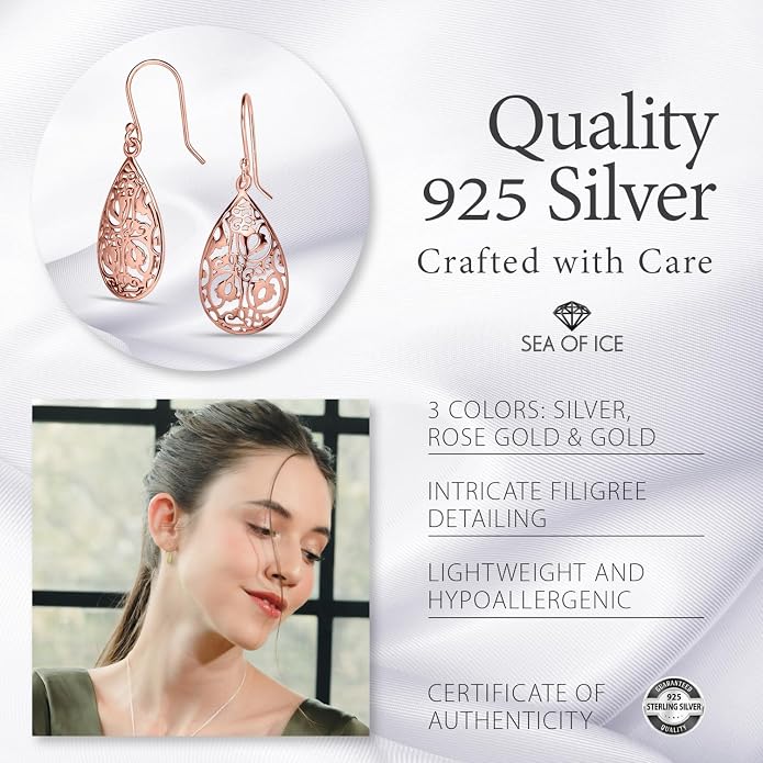 Sterling Silver Tear Drop Dangle Filigree Earrings for Women – boho and Chic Pear Shape Hook Earrings with Thin and Lightweight Hook