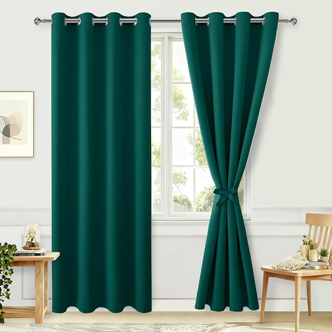 Hiasan Blackout Curtains for Bedroom, 52 x 96 Inches Long - Thermal Insulated & Energy Saving Window Curtains for Living Room, 2 Drape Panels Sewn with Tiebacks, Hunter Green