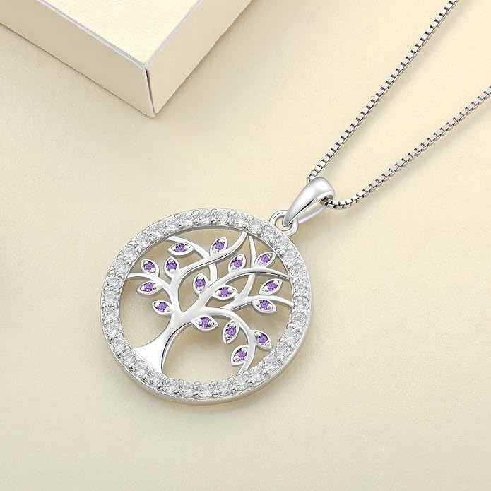 YL Tree of Life Necklace Sterling Silver Tree Pendant Created Amethyst Round Halo Jewelry for Women