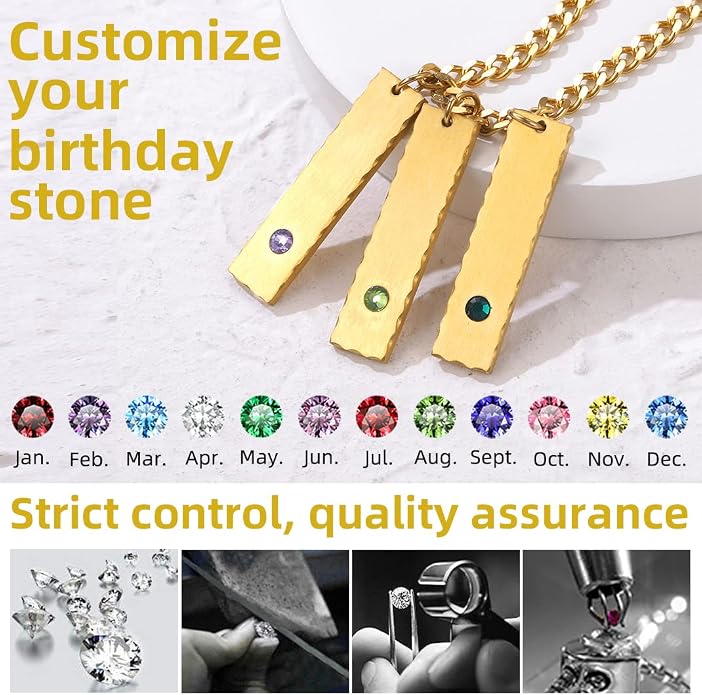 GOLDCHIC JEWELRY Personalized Birthstone Name Necklaces for Men Women, Engraved Family Names Necklace with Birthstone Vertical Bar Necklace, Pendant for Husband/Father/Grandma/Wife Birthday Gifts