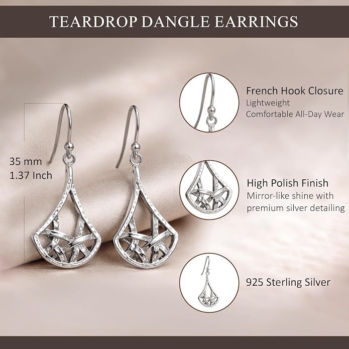 Charmsy 925 Sterling Silver Light-Weight Antique Filigree Teardrop Drop Earrings for Women