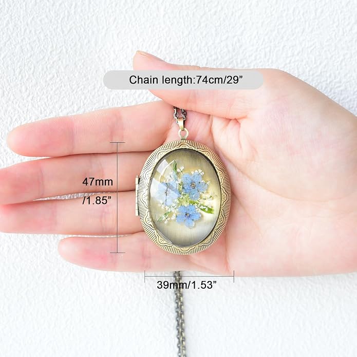 Vintage Photo Locket Necklace Handmade Pressed Flower Locket Necklace for Women