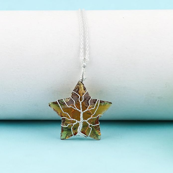 Silver Plated Wire Wrapped Pendant Necklace, Sea Glass Stones, Handmade Jewelry, Healing Crystals, Hammered Pendant, Birthday Gift for Women, Adjustable Chain 16+2inch
