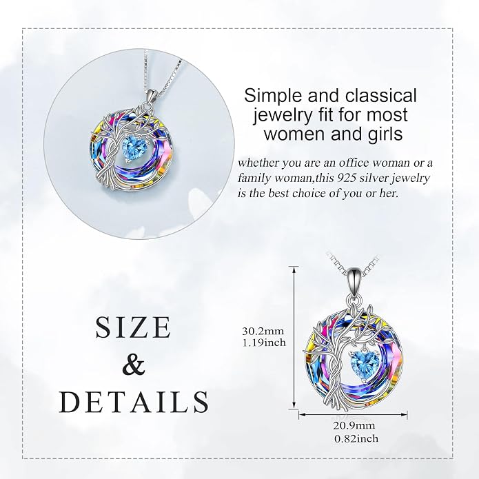POPLYKE Mothers Day Gifts for Mom Her Wife Tree of Life Necklace 925 Sterling Silver Birthstone Pendant with Crystal Anniversary Birthday Wedding Jewelry for Women