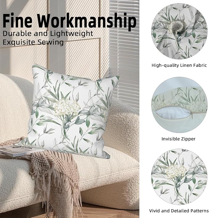 4 Pcs/Set Flowers Pillow Covers Summer White Floral Green Leaves Plants Watercolor Natural Scenery Linen Throw Pillow Covers for Outdoor Couch Sofa Farmhouse Bedroom Decor, 26"x26"