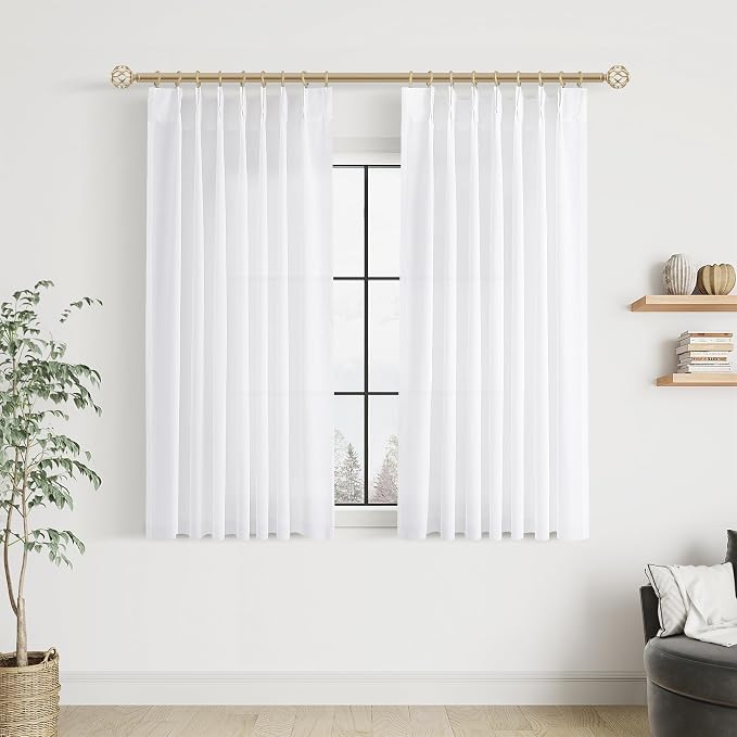 Aersas White Pinch Pleat Linen Curtains 54 Inch Long for Kitchen Pleated with Hooks Back Tab Light Filtering Boho Farmhouse Short Semi Sheer 54 Inch Curtain for Dining Room Bedroom Small Window