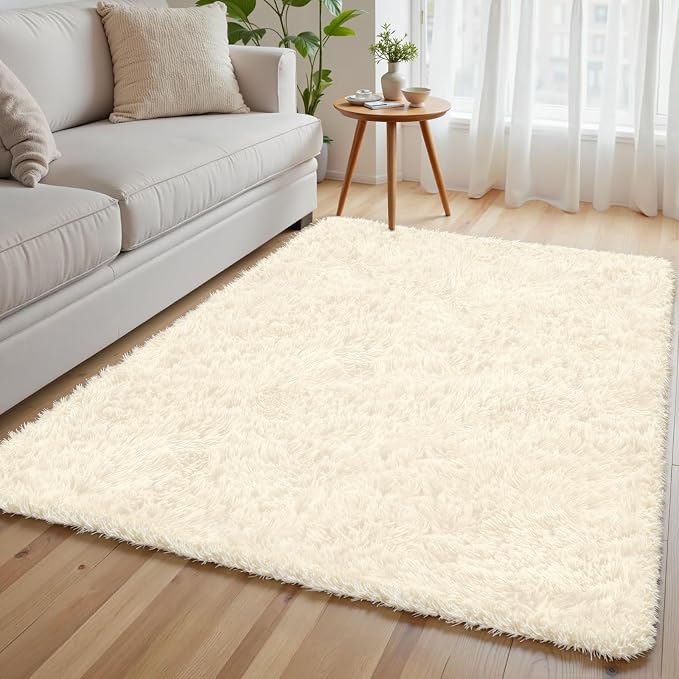 4x6 Area Rug for Living Room, Ultra Soft Fluffy Shag Rugs for Bedroom, Non-Slip Large Fuzzy Plush Rug Indoor Floor Carpet for Nursery Kids Office Dorm Modern Decor, Cream White