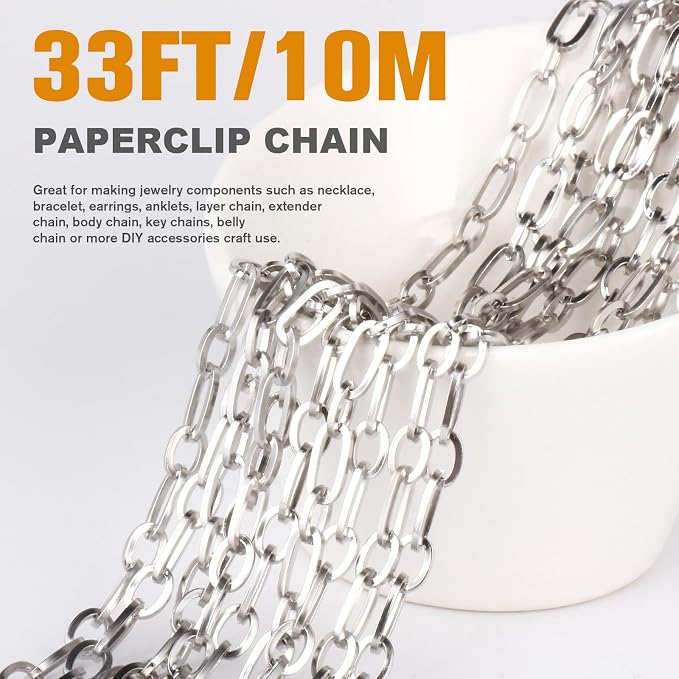 33FT Stainless Steel Paperclip Jewelry Chain Roll, 4.5MM Long and Short Link Chains Spool Bulk for DIY Jewelry Making Necklace Bracelet
