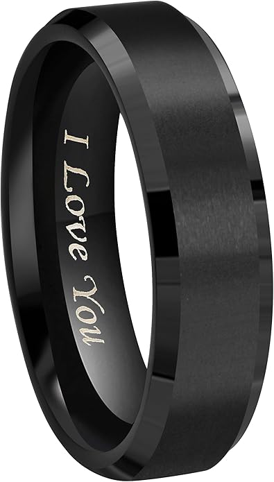 Crownal 4mm 6mm 8mm Black/Silver/Gunmetal/Gold Tungsten Wedding Couple Bands Rings Men Women Matte Brushed Finish Center Engraved "I Love You" Size 4 To 17
