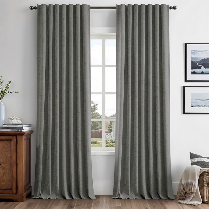 MIULEE 100% Blackout Linen Curtains 42 x 96 Inch Dark Grey 2 Panels | Thermal Insulated, Room Darkening Drapes for Bedroom Living Room, Back Tab Rod Pocket Pinch Pleated, Solid Luxury Decor