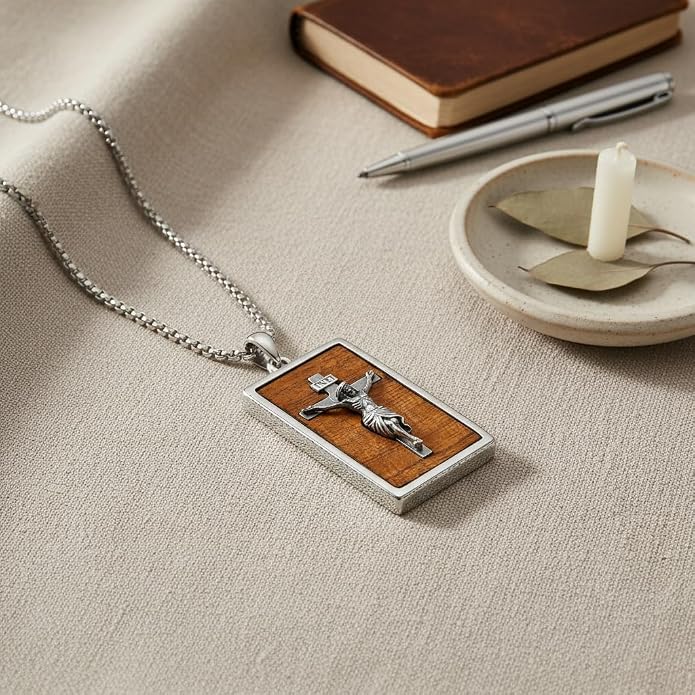 ONEFINITY Wooden Necklace Viking Wolf/St Benedict Medals/St Michael/Crucifix/St Christopher Pendant Necklace for Men Archangel Amulet Wooden Religious Jewelry Gifts for Men Women