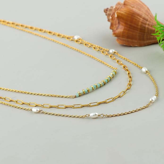 Beads With Pearl 3 Layered Necklaces for Women 14k Gold Plated Dainty Stackable Choker Necklaces for Women Trendy Layering, Cuban Link, Paperclip Chain, For Women Gifts