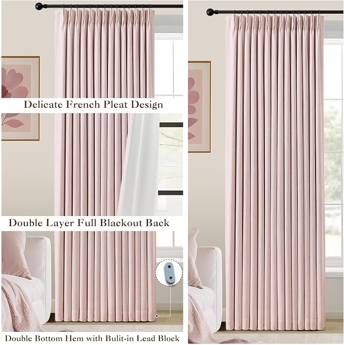 IVAPUPU Pink Pinch Pleated Full Blackout Linen Curtains for Girls Bedroom, Black Out Curtains 84 Inches Long Room Darkening Thermal Insulated Pleat Drapes Baby Pink Dusty Blush for Nursery, 2 Panels