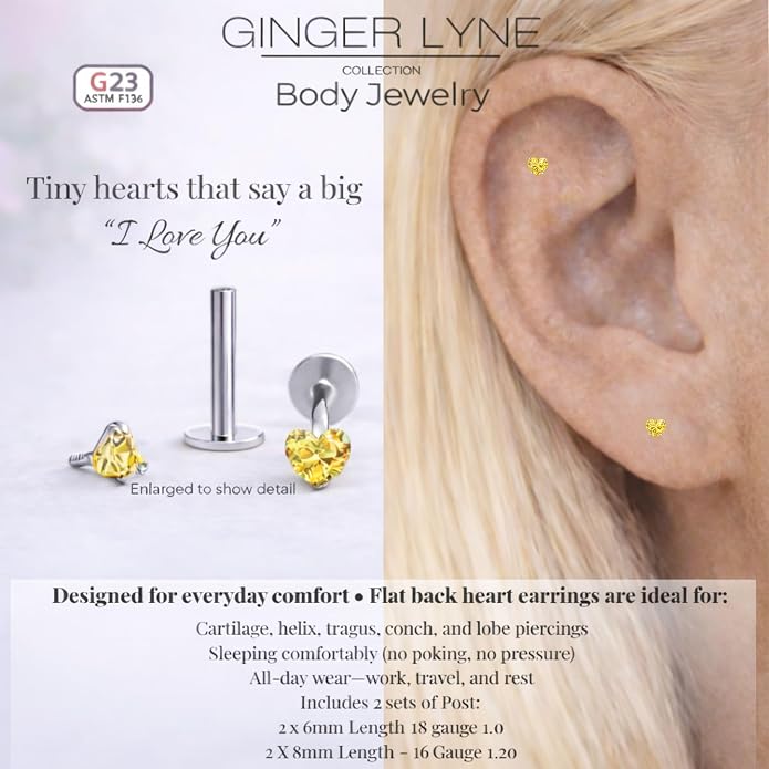 Titanium Heart CZ Labret Stud Earrings for Piercings by Ginger Lyne 6Pc Set G23 Screw Front Flat Back Body Jewelry 2 pair post 6mm, 8mm Cartilage, Helix, Tragus, Lip, Conch, Lobe