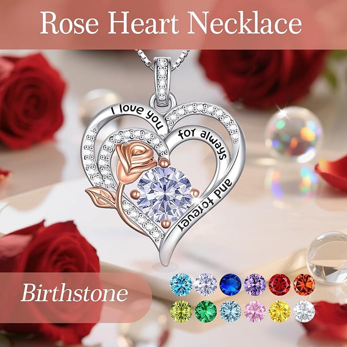 Birthstone Heart Necklaces for Women 925 Sterling Silver Fine Jewelry Rose Pendant Necklace Anniversary Birthday Mothers Day Gifts Her Wife Women Mom Daughter