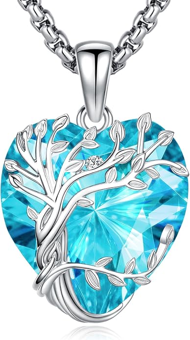 Eusense Tree of Life Necklace for Women White Gold Plated Copper Moonstone/Turquoise/Black Onyx/Crystal Birthstone Pendant Jewelry Gifts for Women Men