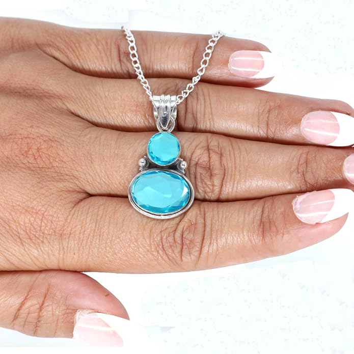 Handmade Genuine 925 Sterling Silver Pendant Necklace Natural Gemstone Crystal, Lapis, Onyx, Amber Oval Round Boho Jewelry For Women