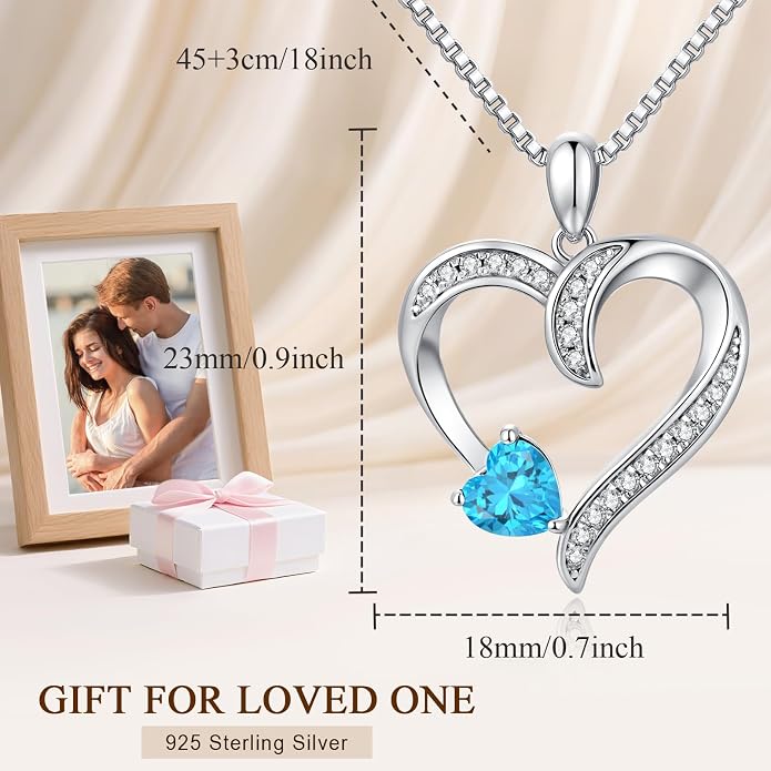Love Heart Necklace for Women, 925 Sterling Silver Cubic Zirconia Birthstone Heart Pendant Jewelry Gift for Mom, Mother, Wife, Girlfriend on Birthday, Mother's Day, Chain 18 inch