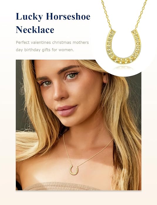 Luck Horseshoe Necklace 14K Gold Plated/Sterling Silver Created Gemstone Pendant with Chain Channel Set U Shaped Charm Necklace Birthstone Jewelry