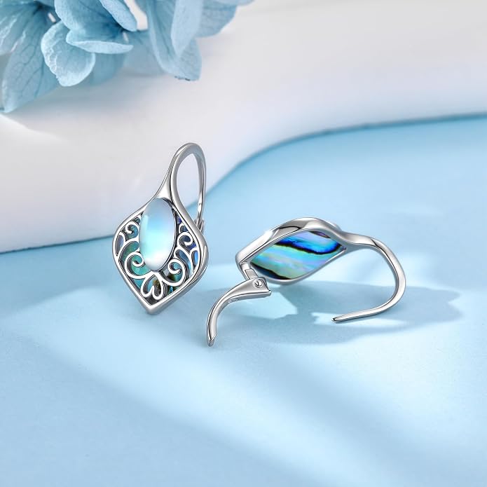 Moonstone Abalone Shell Earrings 925 Sterling Silver Dragonfly/Hummingbird/Butterfly/Lotus/Filigree Hoop Leverback Earrings Jewelry Gifts for Women