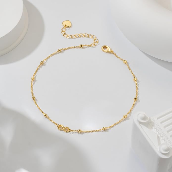ERIN MARIE 14K Gold Anklets for Women Ankle Bracelets for Women Gold Anklets Infinity Symbol and Evenly Spaced Bead Infinity Bead Ankle Bracelets for Womens With Adjustable Size (9.4-11) Inches