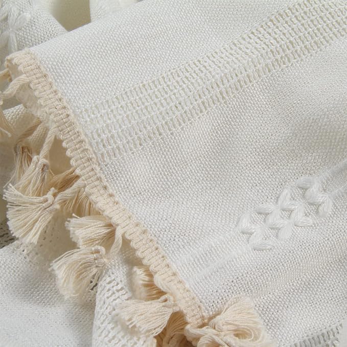 Boho Curtains for Bedroom Embroidery Striped Farmhouse Curtains 63 Inch Length 2 Pannels for Living Room Off White Linen Semi Sheer Rod Pocket Drapes(52" W x 63" L,White)